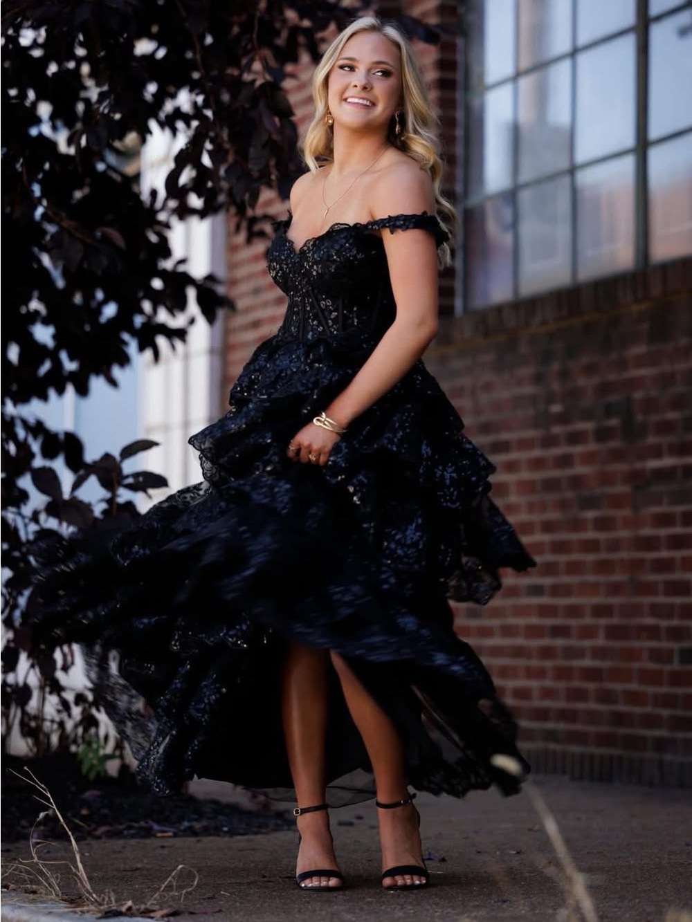 Sherri Hill Black One-Shoulder Ruffled Evening Gown